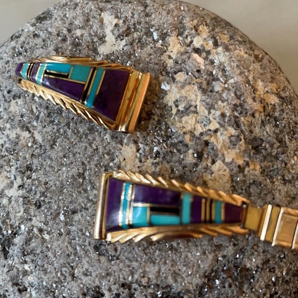 14K Gold Vintage Zuni Native American Watch Tips signed Walley - Picture 13 of 13